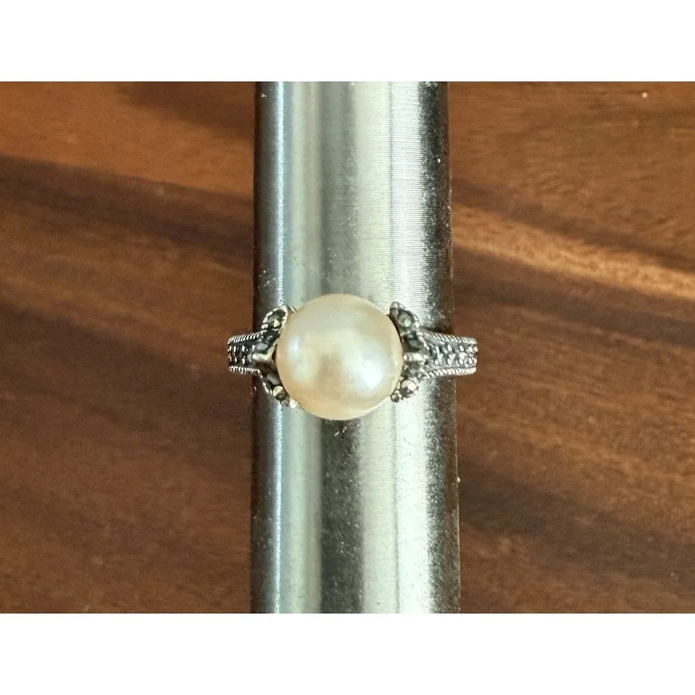 Sterling Silver Marcasite Pearl Ring Size 6.75 Vintage Art Deco Style
